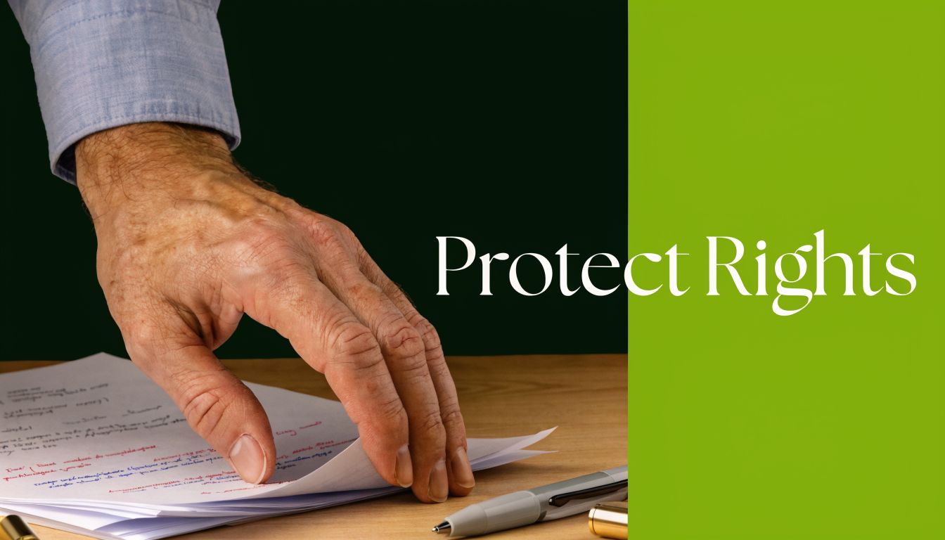 A professional hand rests on a document on a wooden desk, emphasizing legal protection and rights.