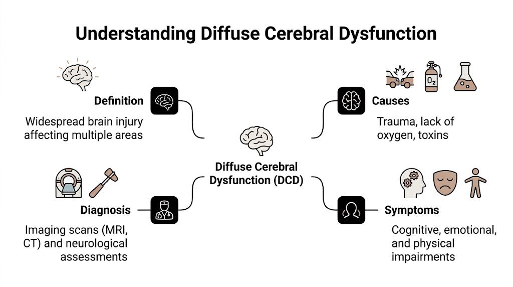 An infographic titled Understanding Diffuse Cerebral Dysfunction showing the definition, causes, diagnosis, and symptoms of the condition.