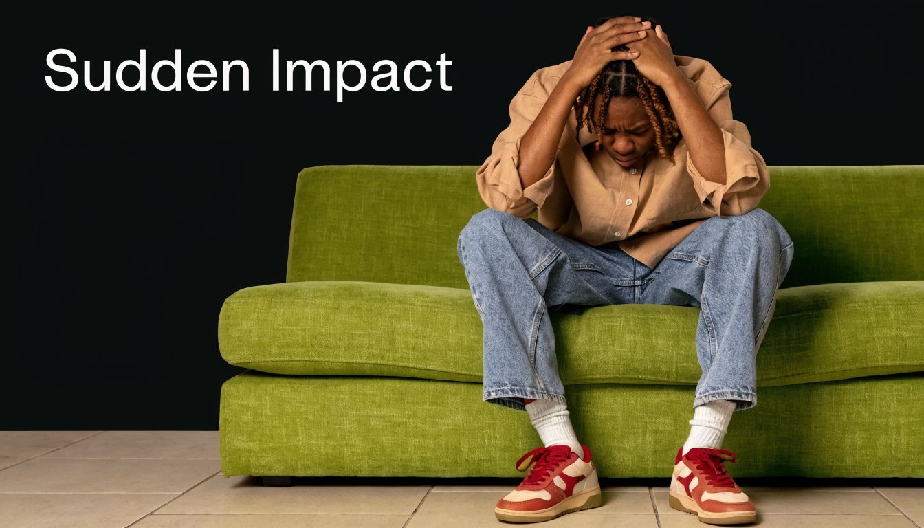 A distressed person sitting on a green sofa with their head in their hands against black background.