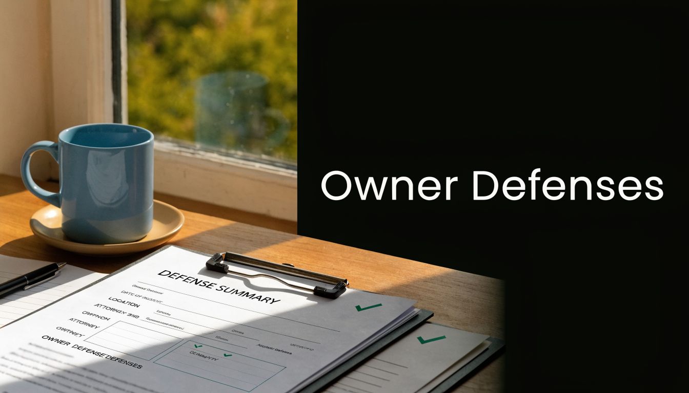 A close-up view of a legal defense summary form resting on a wooden desk near a coffee mug.