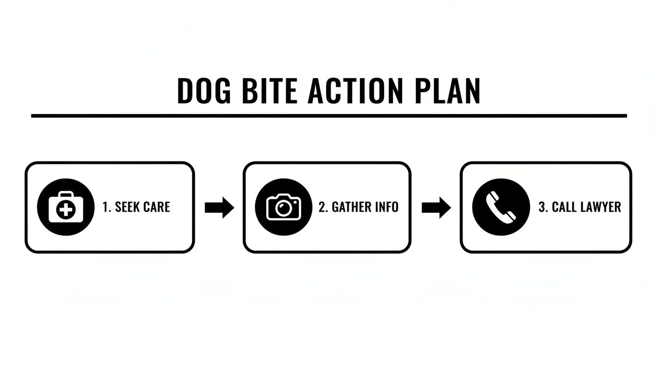 A dog bite action plan flowchart showing three steps: seek care, gather info, and call a lawyer.