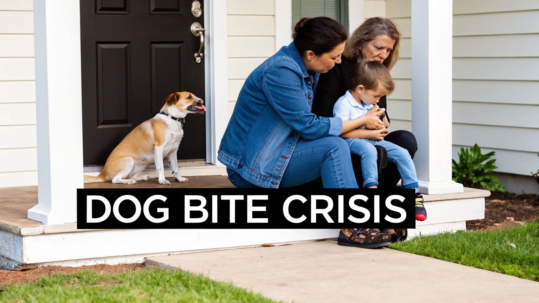 A domestic dog sits on a porch while two women comfort a small child, illustrating a dog bite crisis.