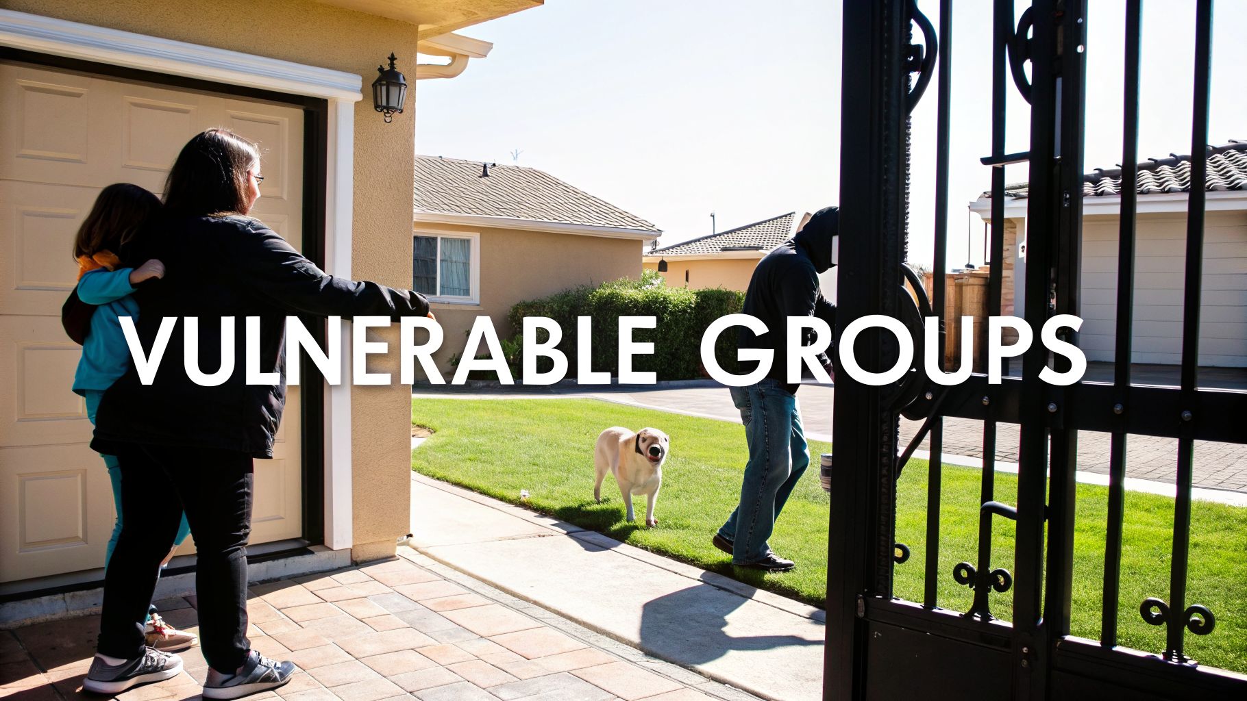 A woman and child watch a man and dog leave a house, with 'VULNERABLE GROUPS' text.