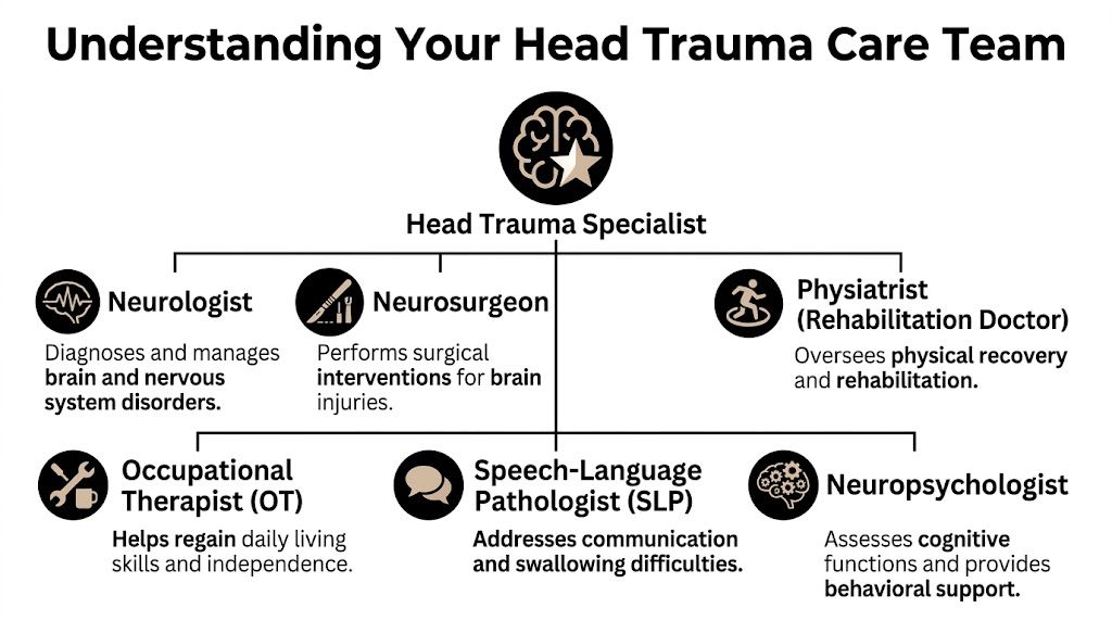 An organizational chart showing medical professionals involved in the care team for head trauma treatment.