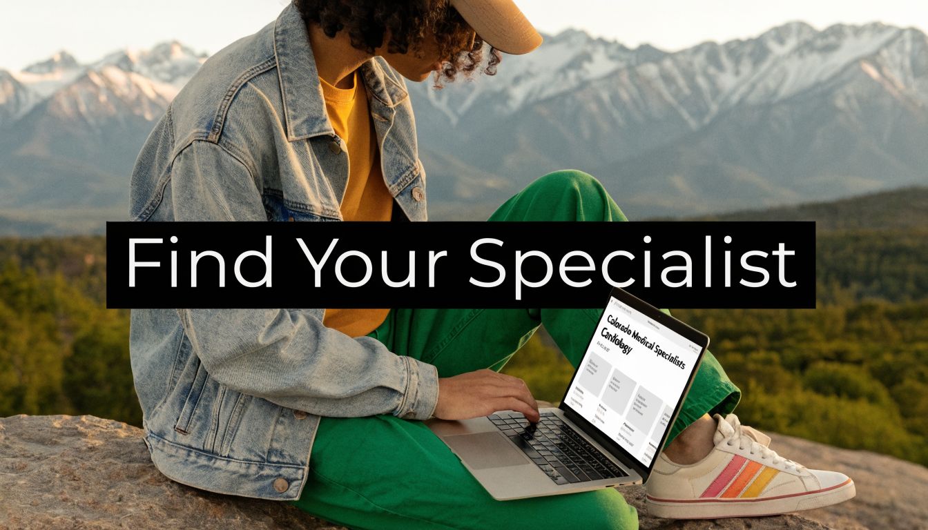 A person sitting on a rock in the mountains using a laptop to search for medical specialists.