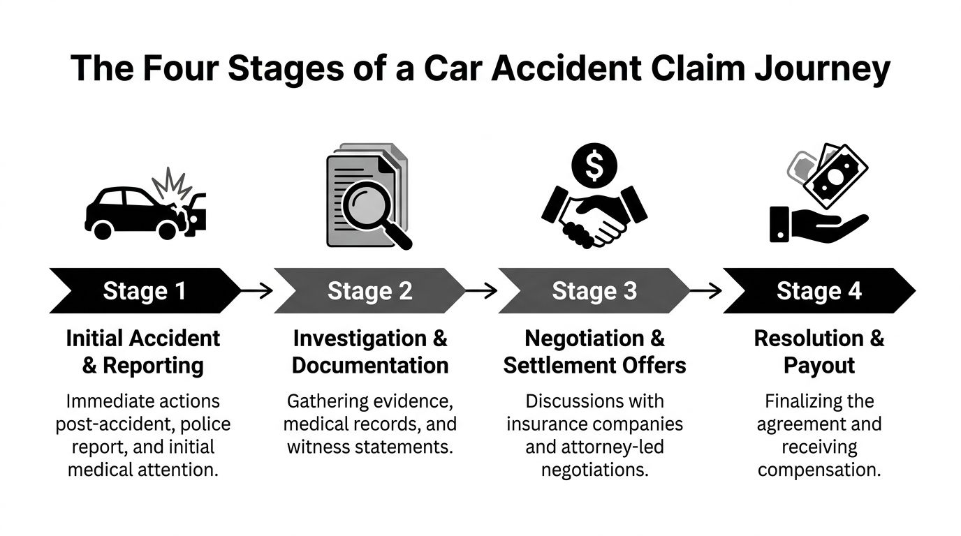 A diagram outlining the four sequential stages of a car accident claim journey from reporting to payout.