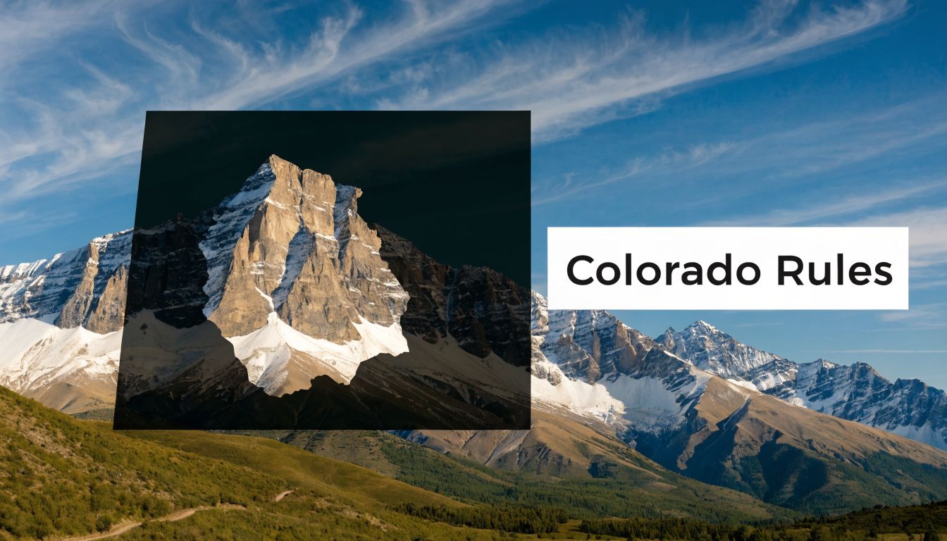 A majestic snowy mountain peak under a vibrant blue sky with the text Colorado Rules overlaid.