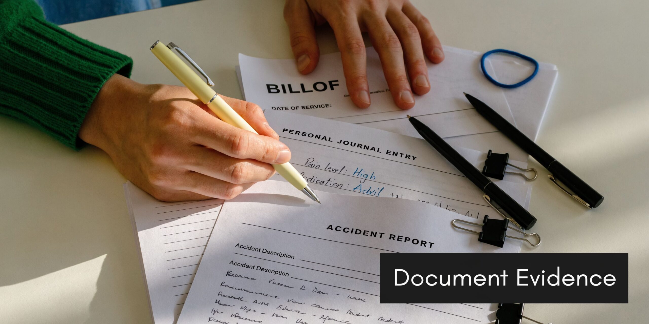 A person recording their pain level and medication in a journal, alongside various accident report documents.