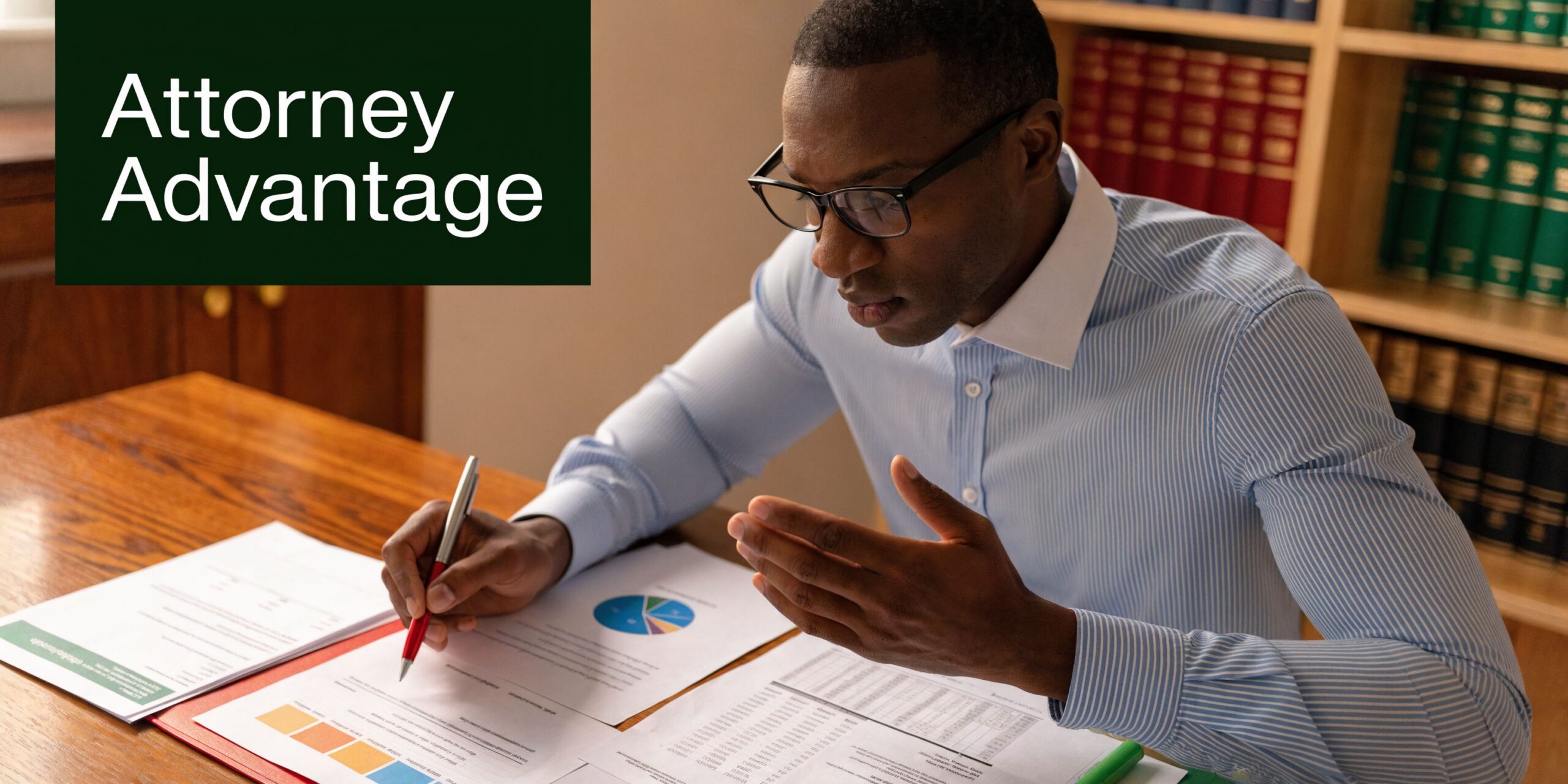 A professional attorney analyzing legal documents and charts at his desk in a law office.
