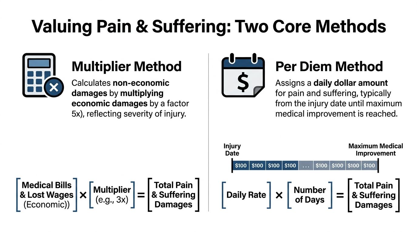 An infographic showing the multiplier method and per diem method to calculate pain and suffering damages.