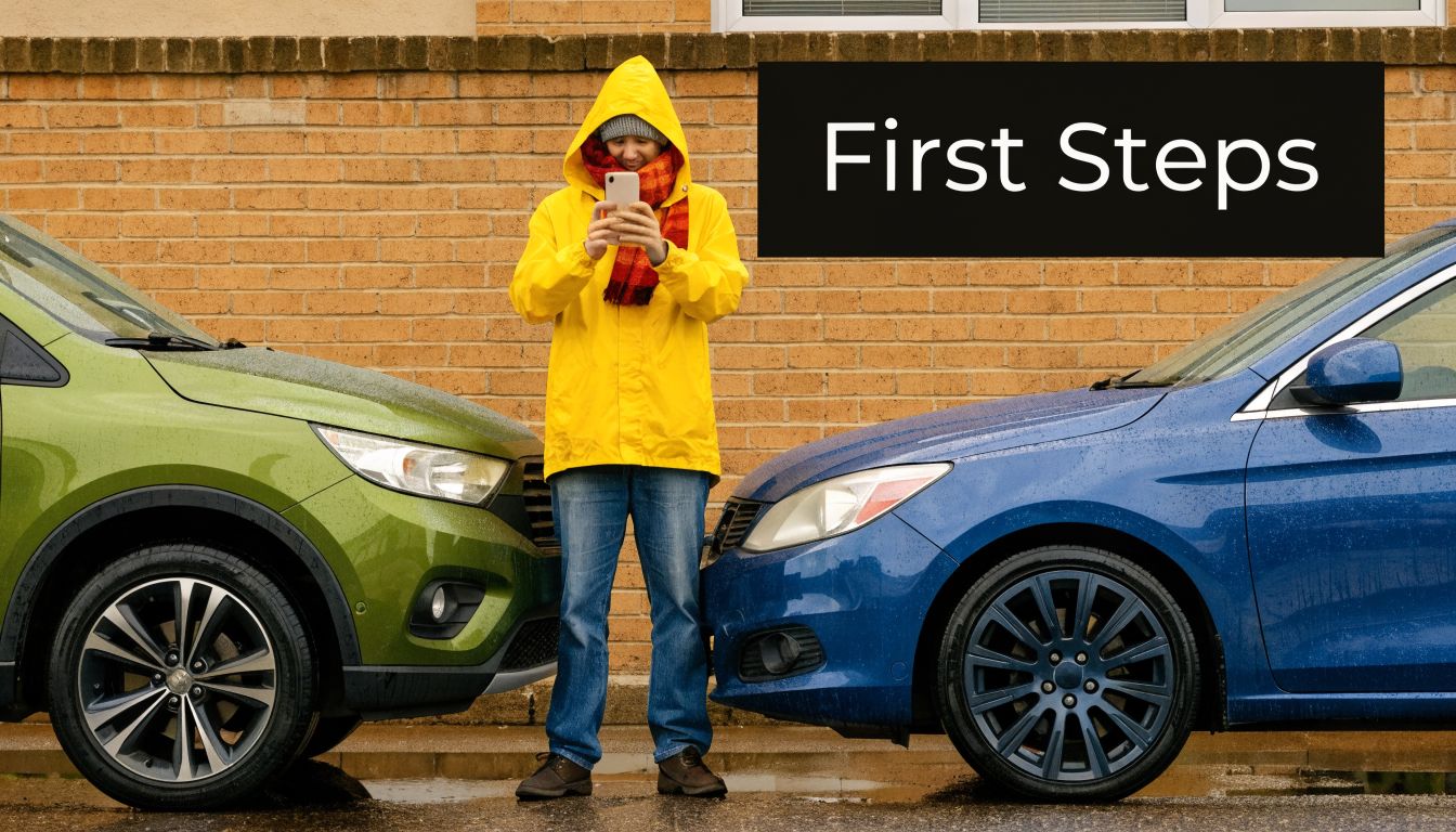 A person in a yellow raincoat standing between two cars and checking their smartphone for information.