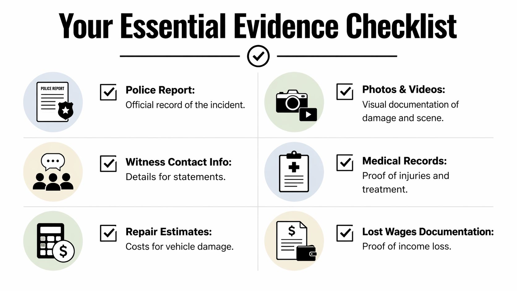 An infographic checklist outlining essential evidence items to collect after a car accident incident.