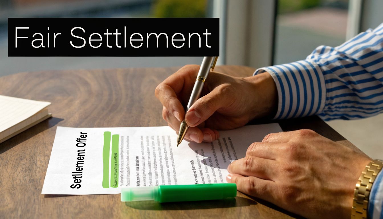 A professional signing a fair settlement offer document on a wooden table with a green highlighter.