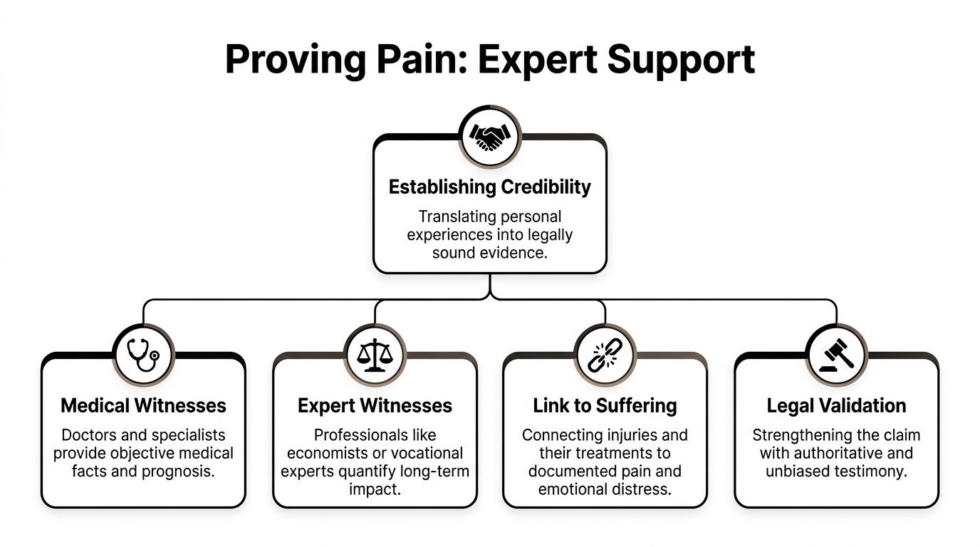 A diagram outlining how expert support helps in proving pain and suffering with evidence and testimony.