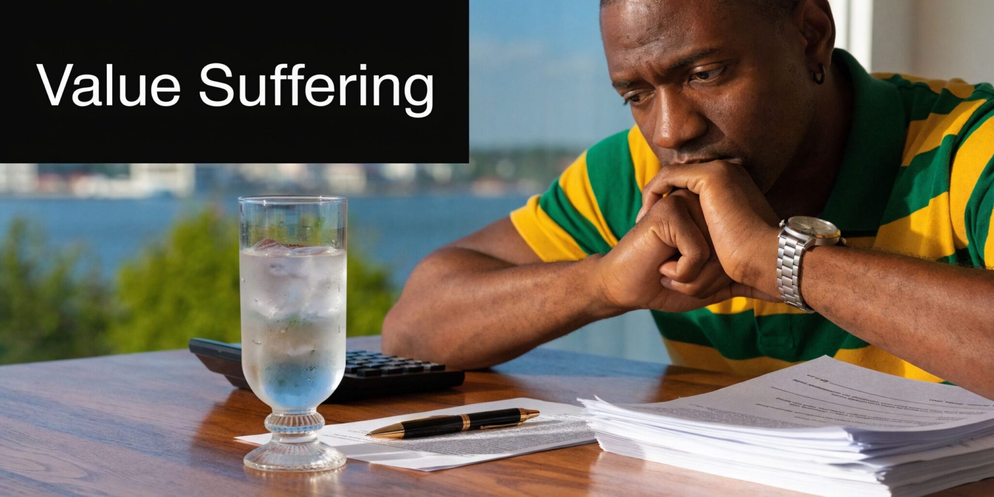 A man looking stressed while reviewing financial documents and paperwork at a desk with a glass of water.