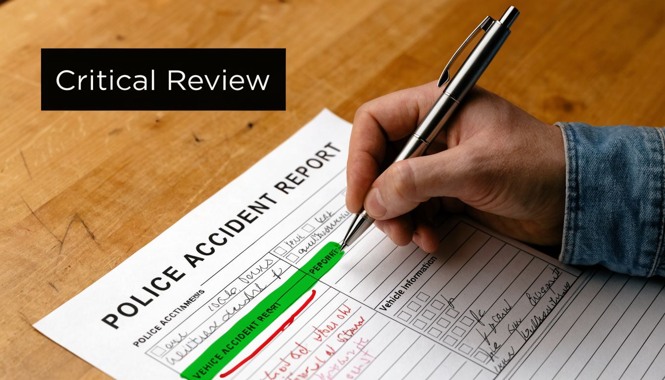 A hand holding a pen while reviewing a printed police accident report document on a wooden table.