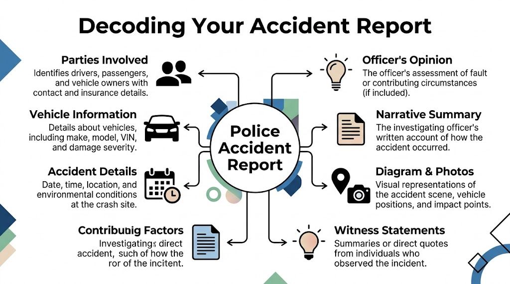 An infographic titled Decoding Your Accident Report, outlining the key components found in a typical police accident report.