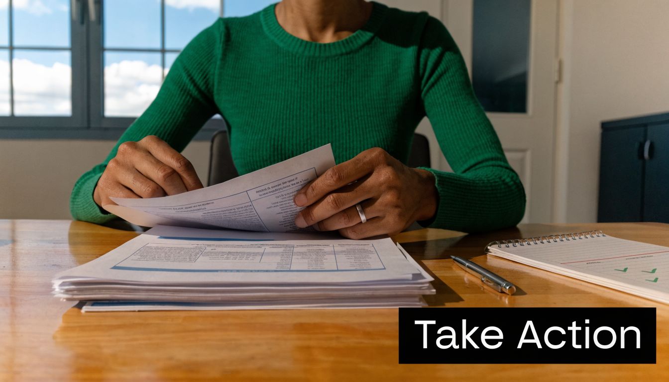 A person in a green sweater reviewing official documents at a desk in a well-lit office.
