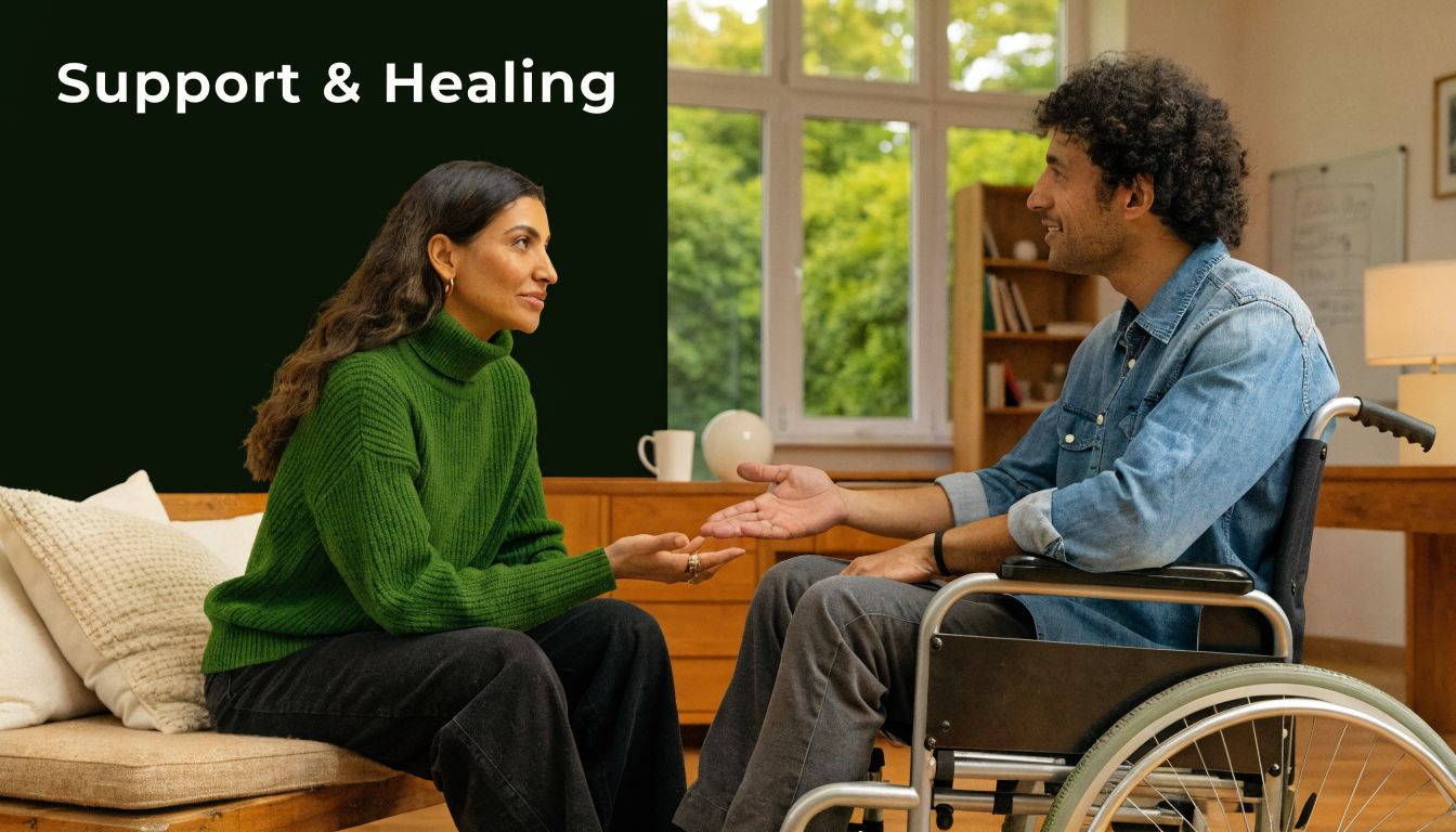 A woman in a green sweater talking with a man sitting in a wheelchair during therapy.