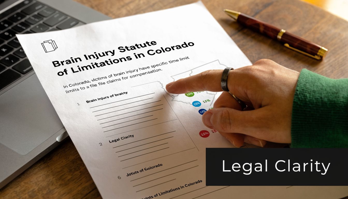 A person pointing to a legal document titled Brain Injury Statute of Limitations in Colorado on a desk.