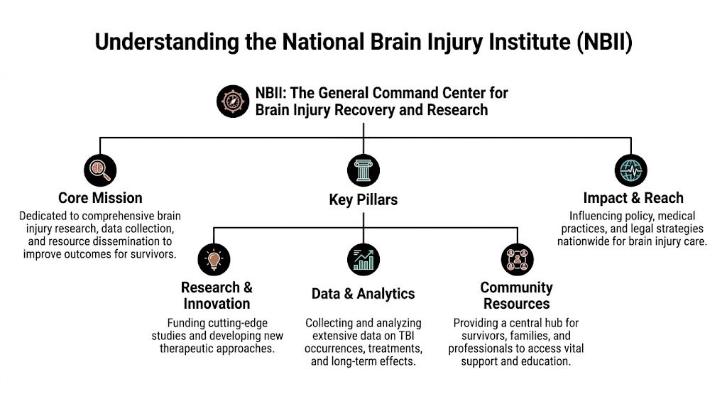 An organizational chart illustrating the National Brain Injury Institute’s mission, core pillars, and national impact strategies.