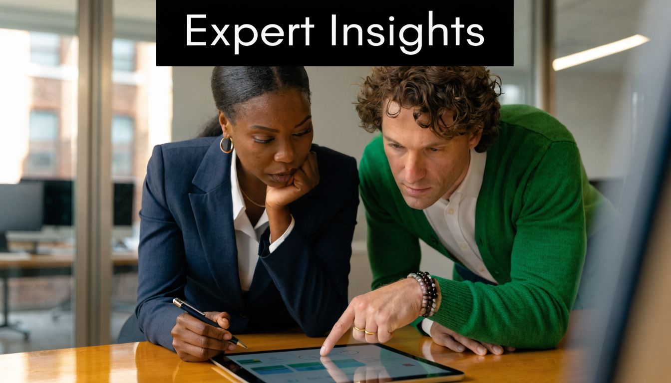 A professional man and woman collaborating and analyzing data on a tablet in an office setting.