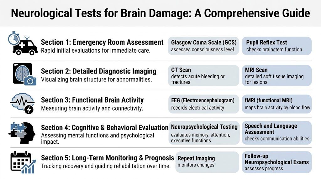 A comprehensive infographic guide listing various neurological tests and procedures used for diagnosing brain damage assessment.