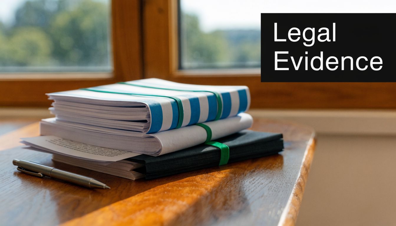 A stack of legal documents and files with a silver pen resting on a wooden table.