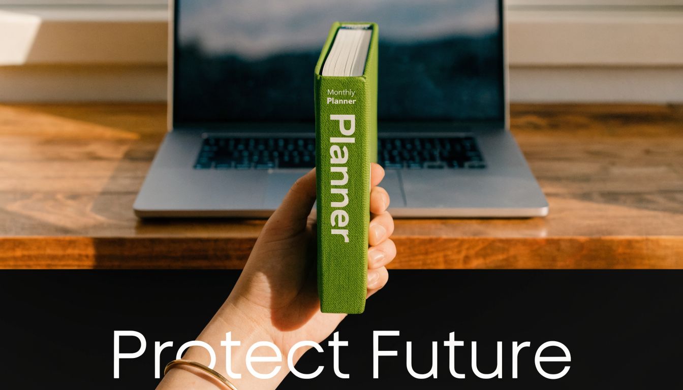 A person holding a green monthly planner in front of a laptop on a wooden desk.