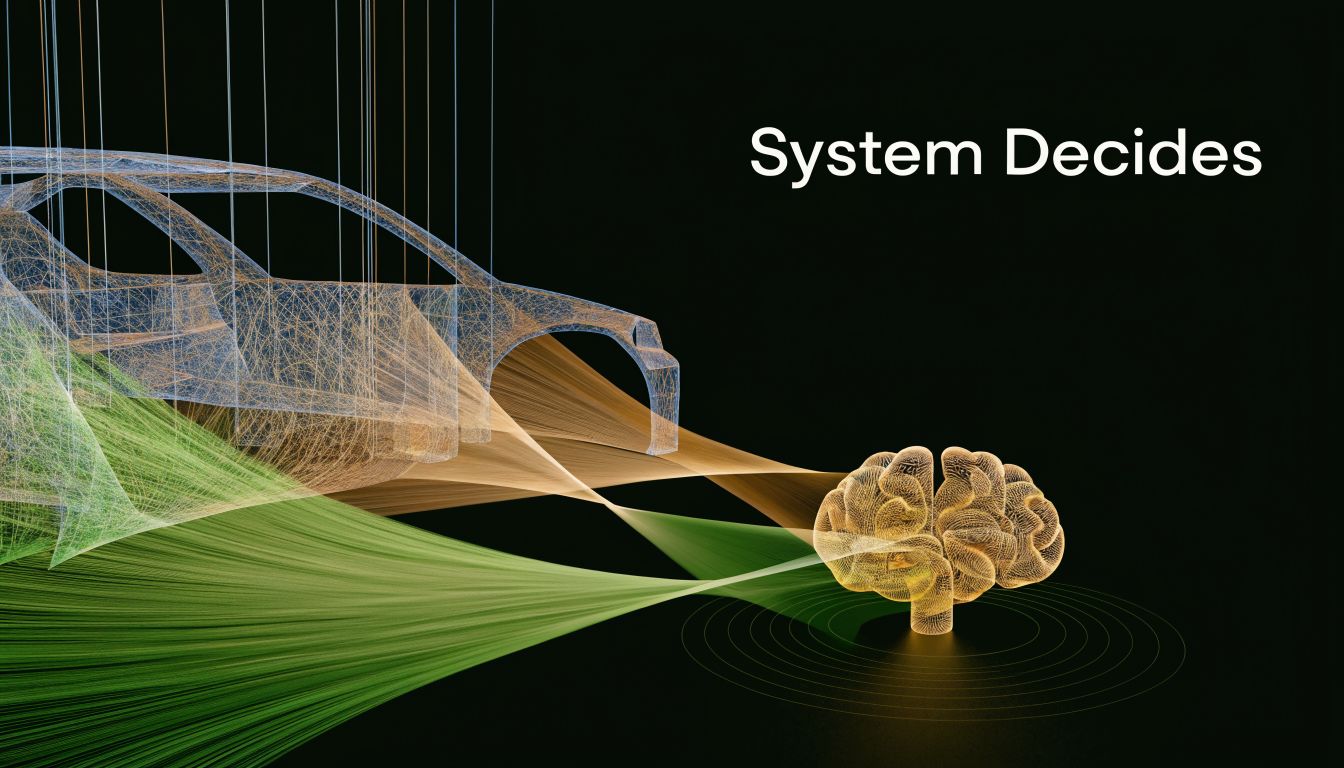 A wireframe model of a car connected by digital lines to a glowing golden human brain