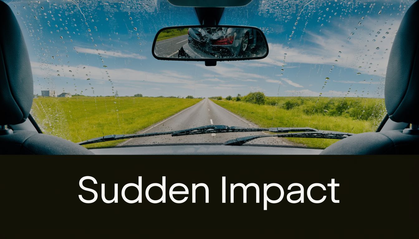 A view from inside a car through a wet windshield showing a rear-end collision in the rearview mirror.