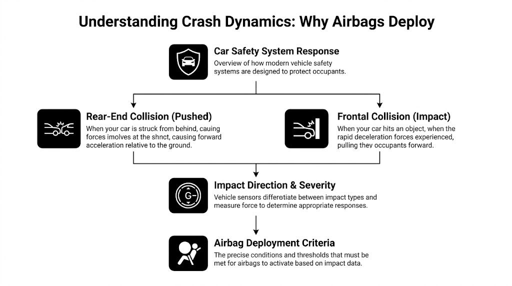 A flowchart explaining the crash dynamics and sensor criteria for vehicle airbag deployment during collisions.