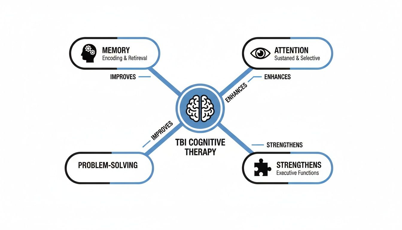 Diagram showing TBI Cognitive Therapy in the center, improving memory, problem-solving, attention, and executive functions.