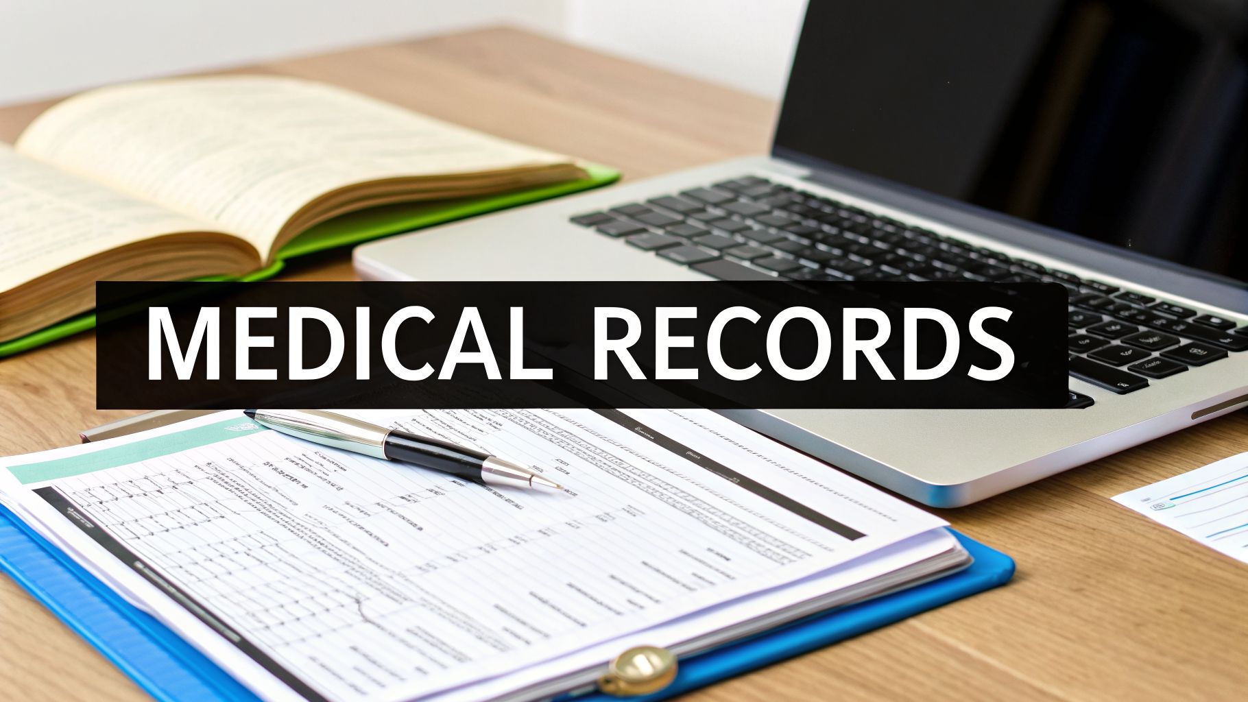 A desk with a laptop, open book, and documents, with a banner displaying 'MEDICAL RECORDS'.