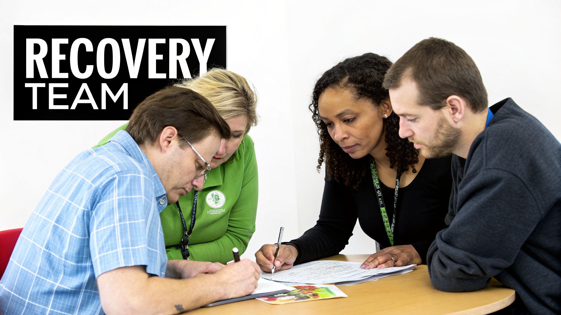 A diverse recovery team collaborates at a table, writing and reviewing documents together.
