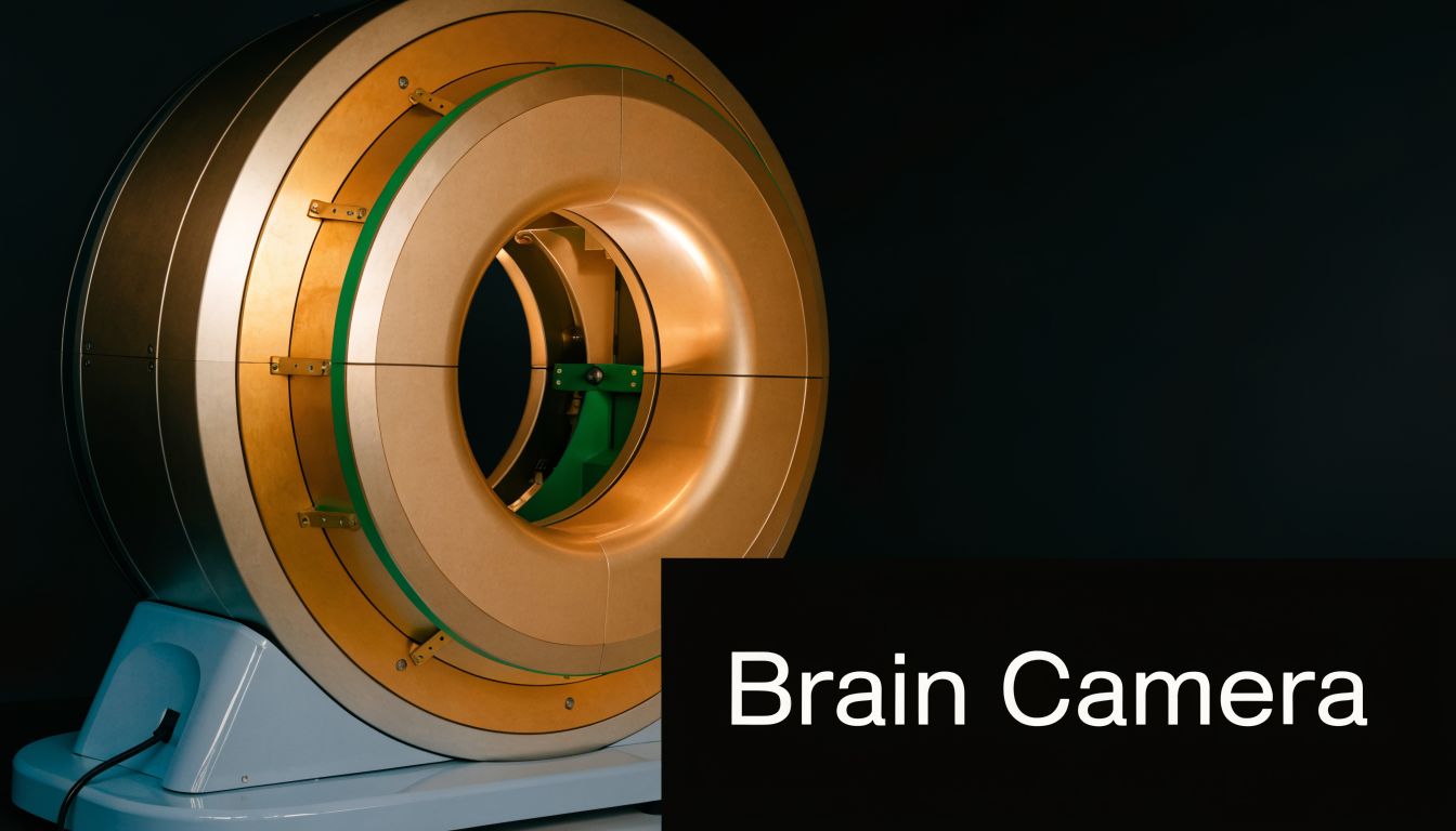 A sophisticated Brain Camera medical imaging scanner designed for specialized neuroimaging scans on a dark background.