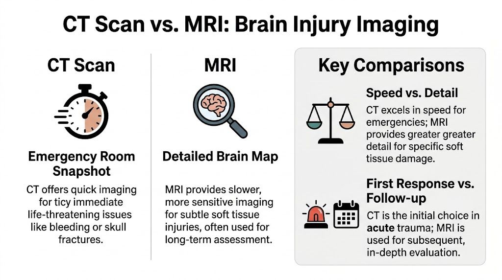 A comparison infographic between CT scans and MRI imaging for diagnosing various types of brain injuries.