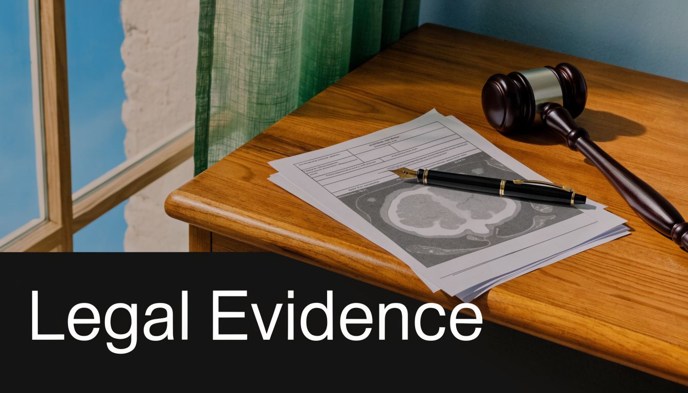 A gavel and fountain pen rest on legal documents featuring a CT scan of a human brain.