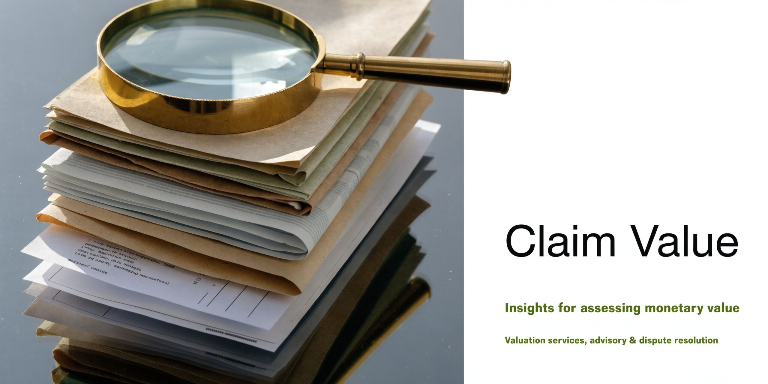 A magnifying glass resting on a stack of legal documents about assessing monetary claim value.