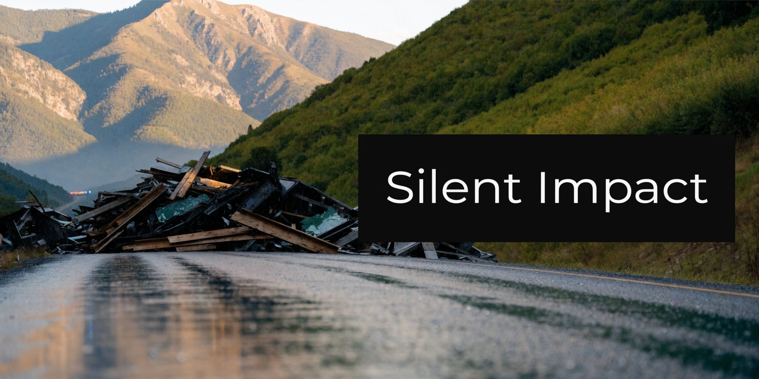 Debris and wood scraps from a truck accident scattered across a wet highway in a mountain landscape.