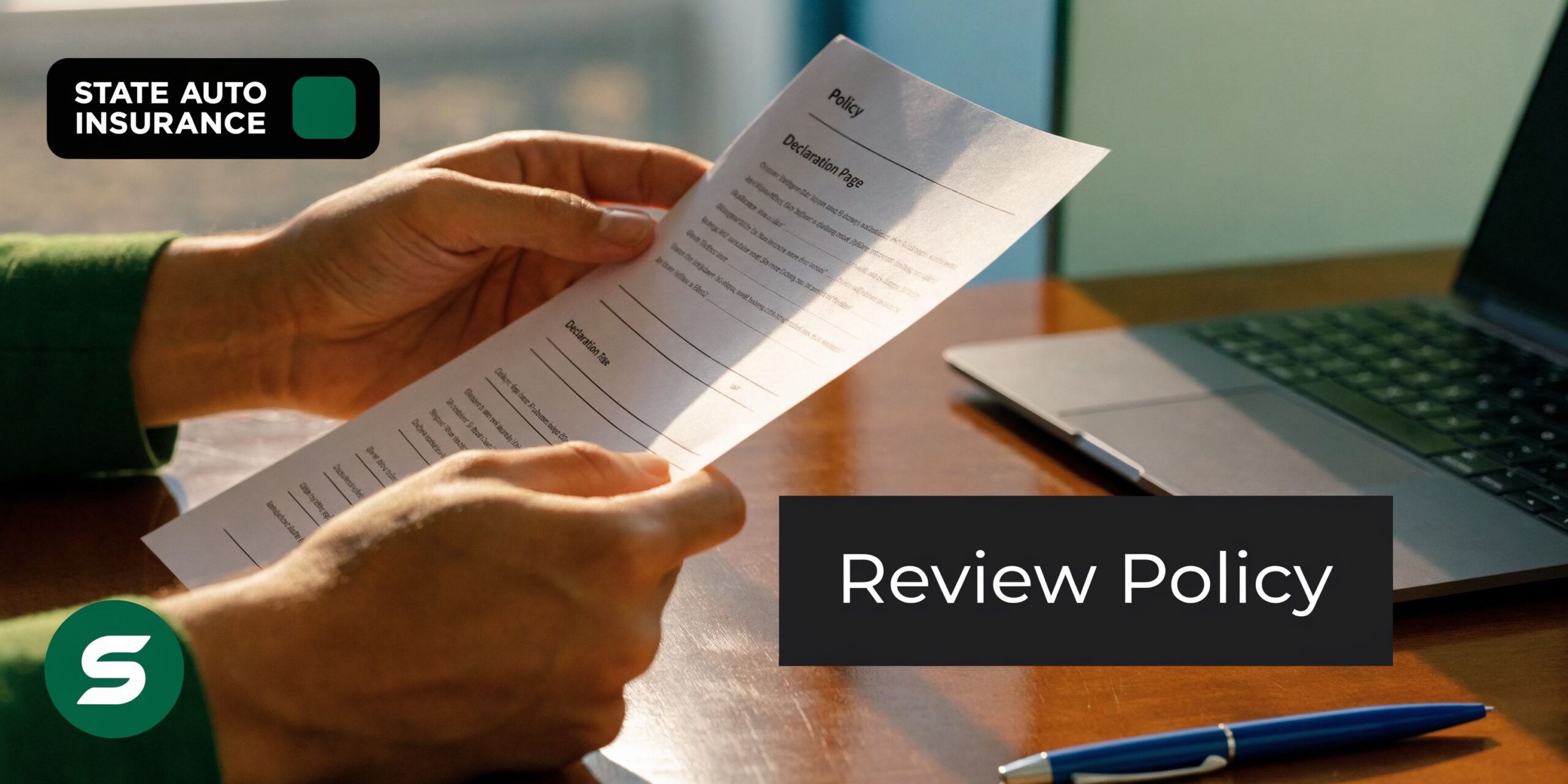 A person reviews their insurance policy document at a desk with a laptop and a pen.