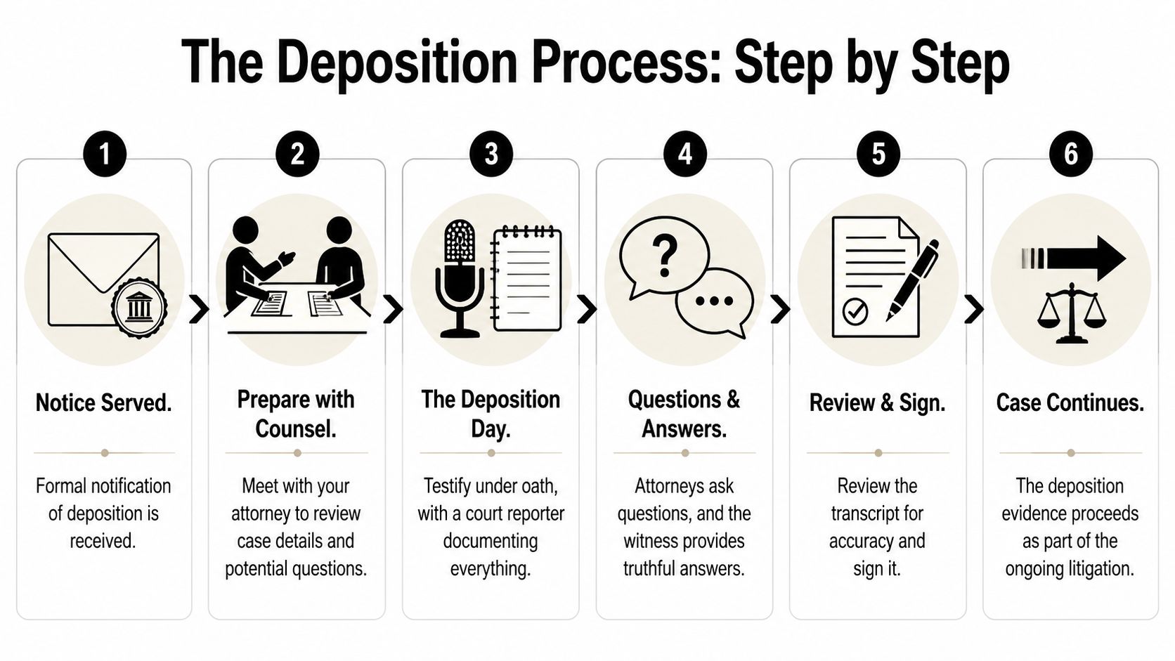 A six-step infographic illustrating the sequential process of a legal deposition in a lawsuit.
