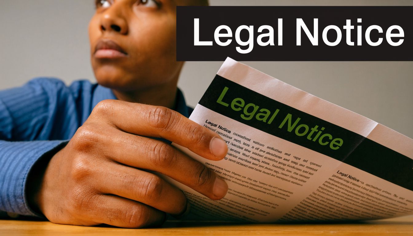 A person holds a document with a prominent legal notice title while contemplating legal proceedings.