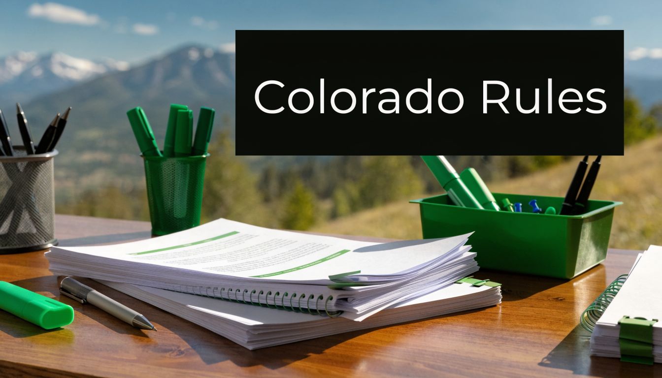 A desk with documents, pens, and markers overlooking a scenic mountain view in Colorado.