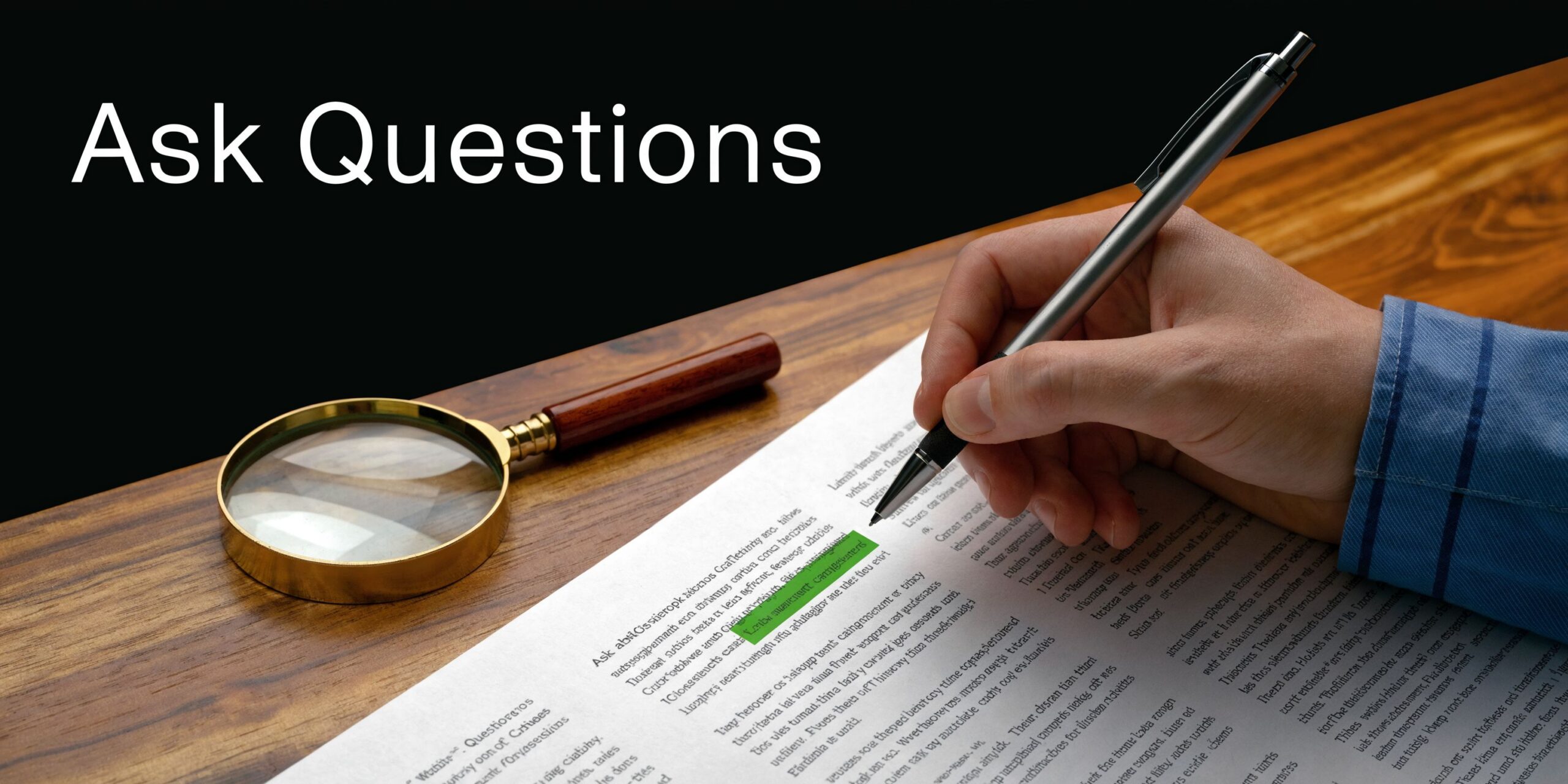 A hand holds a pen to highlight text on a document next to a magnifying glass.
