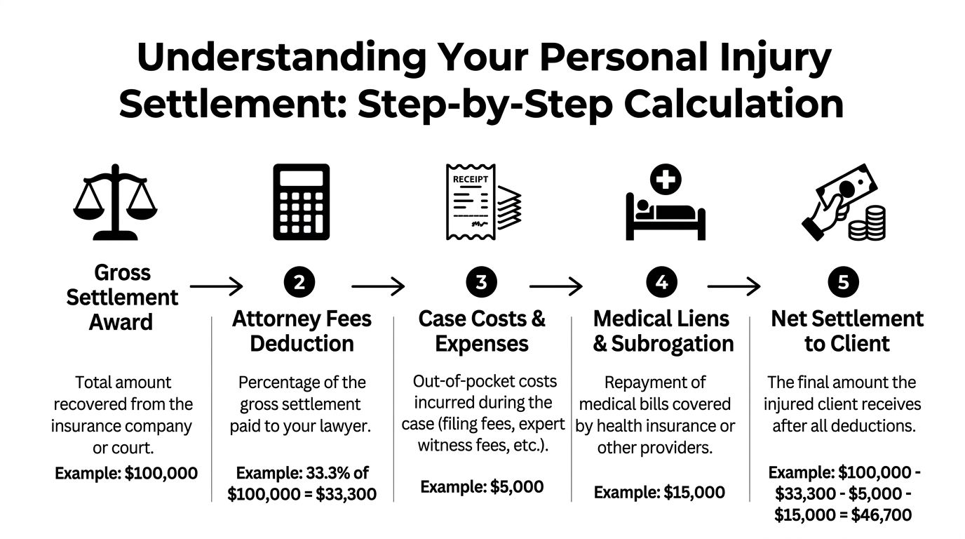 An infographic detailing the five-step process for calculating a personal injury settlement distribution for the client.