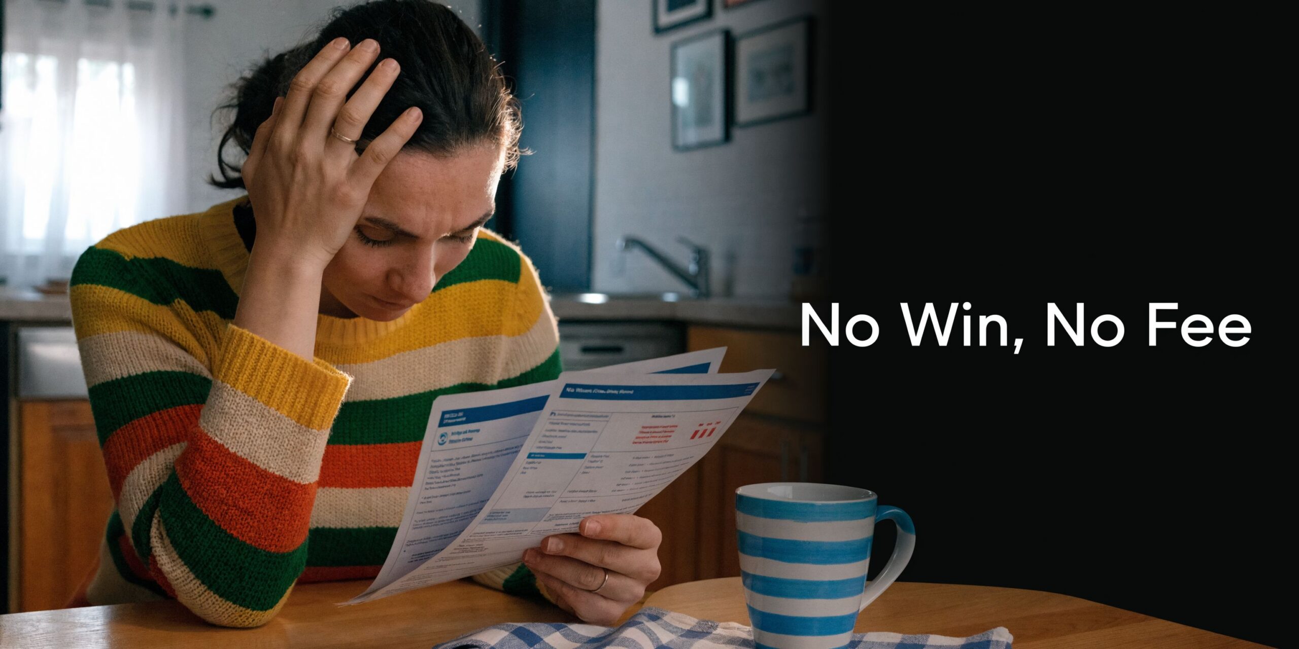 A woman looks stressed while reviewing legal documents at a kitchen table with a coffee mug.