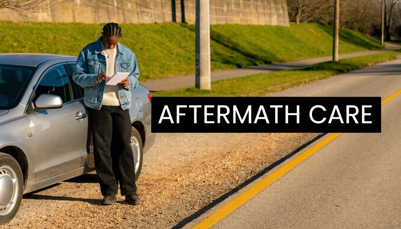 A young man looking at papers beside his car on the side of a country road.