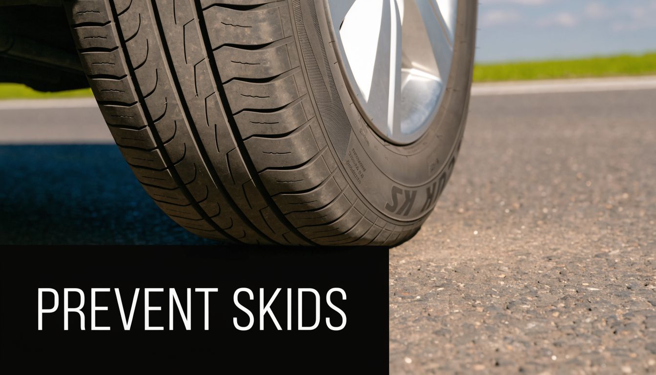 A close-up view of a car tire on an asphalt road with text that says prevent skids.