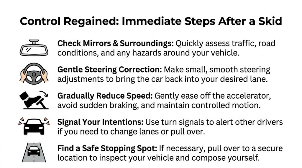 An infographic detailing five essential steps to take after regaining control of your car during a skid.